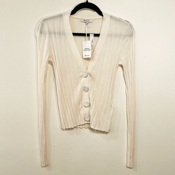 New Madewell Wool Silk Ribbed Cardigan Ivory Medium $118 - Picture 3 of 8